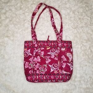 Quilted Tote Red Floral Large Toggle Top Shoulder Bag Travel Overnight